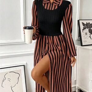 Striped Black and Rust Maxi Dress with Knit Bodice